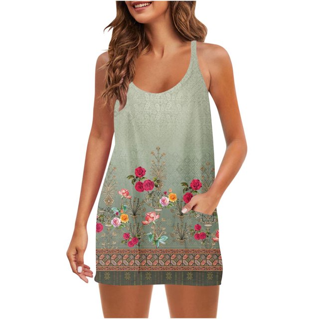Femmes Été Sans Manches Mini Robe V Cou Bretelles Spaghetti Robe de Soleil Athlétique Robe Courte avec Poches