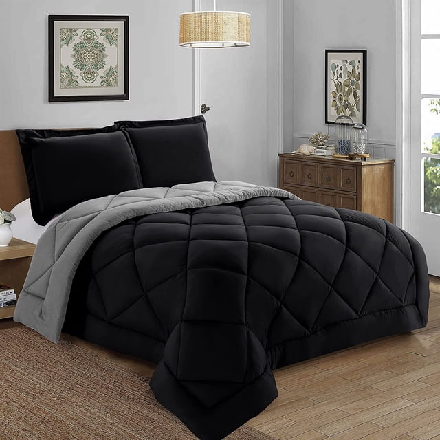 Reversible 3-Piece Comforter Set with Matching Shams, Two Colors in One for Ultimate Versatility and Style, King/California King, Black/Gray