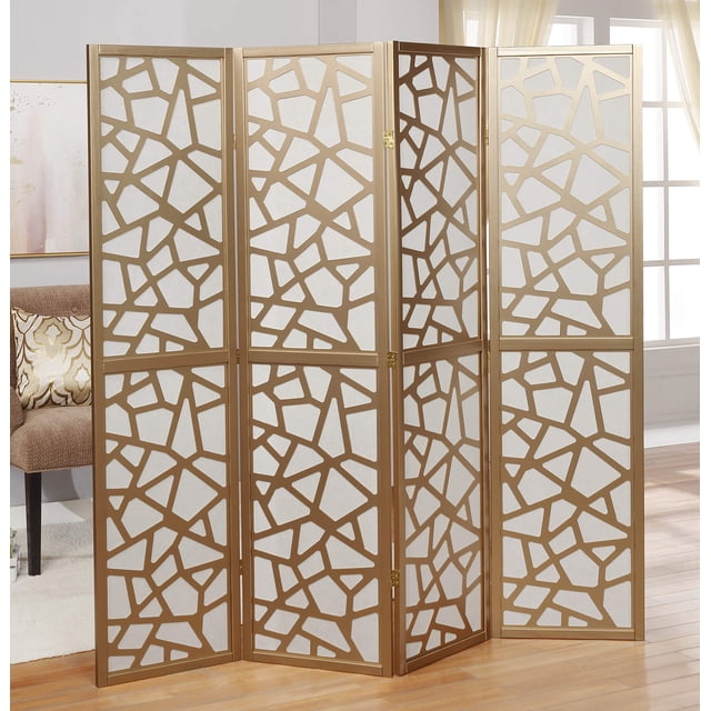 Roundhill Furniture Giyano 4 Panel Screen Room Divider in gold, designed with a modern mosaic pattern and backed by nonwoven fabric. Constructed with durable pine wood MDF, it measures 70'' H x 70'' W x 1'' D overall, with individual panels 17.3'' W. Ideal for separating spaces or as a decorative backdrop. Fully assembled and foldable for compact storage.