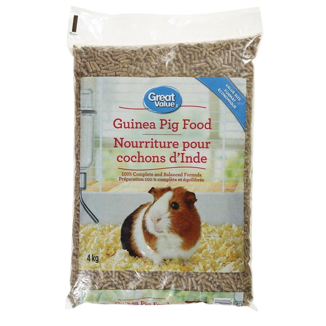 Great Value Guinea Pig Food 4 kg clear bag showing brown pellet food, labeled with a tricolor guinea pig on bedding and bilingual text stating a 100% complete and balanced formula enriched with vitamins and minerals, formulated for adult guinea pigs in small animal care.