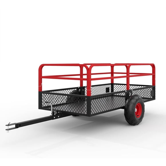 YUSAZENS 1600LBS Steel Grid Frame Garden Dump Trailer 22Cu.Ft Red Side Panels Red Hub Wheels Heavy Farm Yard Transport Cart