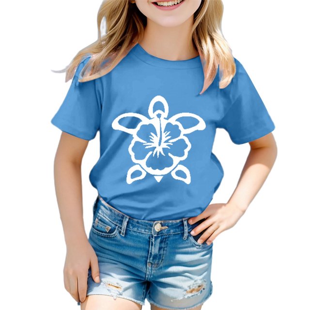T-shirts Filles Mode Imprimé Tortue Col Rond Manches Courtes Décontractées Hauts Filles Bleu Ciel 6-7 Ans