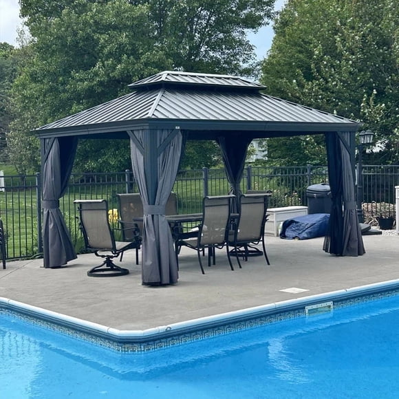 PURPLE LEAF 10' X 14' Permanent Hardtop Gazebo Aluminum Gazebo with Galvanized Steel Double Roof for Patio Lawn and Garden, Curtains and Netting Included, Gray