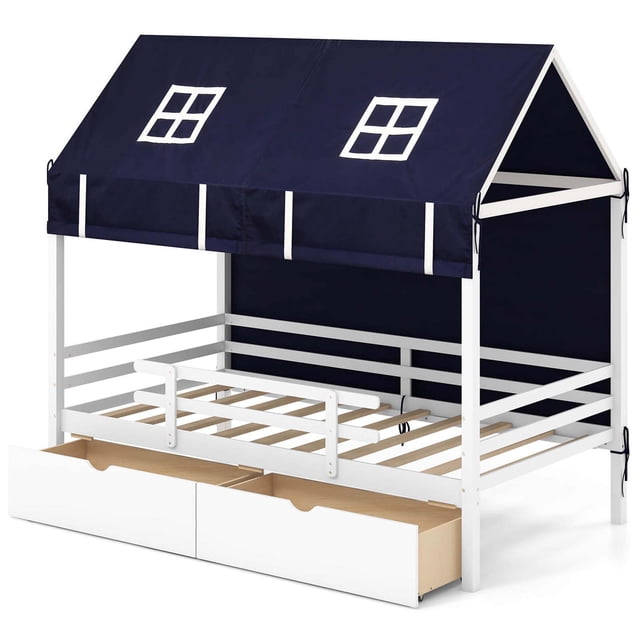 Costway Lit Maisonnette Double en Bois Massif Lit de Jeu Mezzanine Bas avec Tente 2 Tiroirs de Rangement