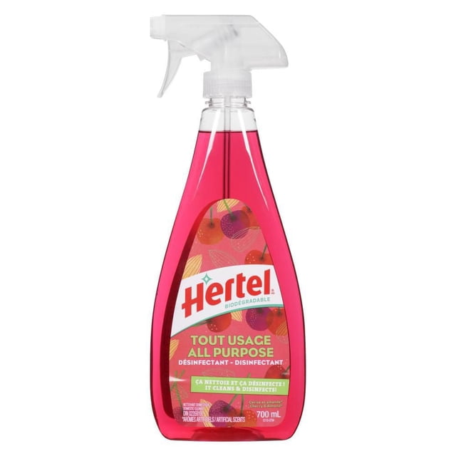 Hertel All Purpose Cherry Almond Disinfectant Cleaner Spray in a clear plastic spray bottle with bright pink liquid and white trigger nozzle, featuring a label with cherry and almond graphics, biodegradable and phosphate-free formula for household disinfecting and grease removal.