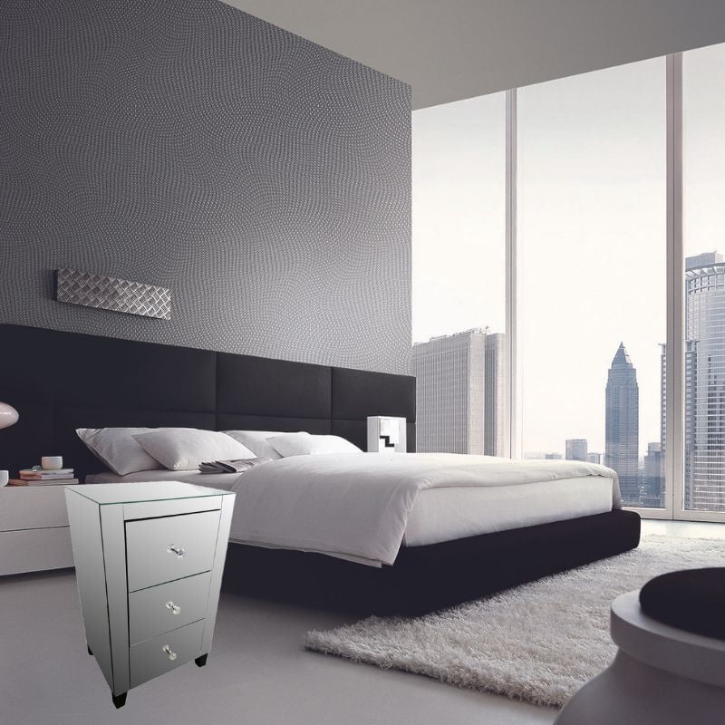 Kayla Mirrored Nightstand, Mirrored Nightstand, Bedroom Nightstand, MDF Nightstand, Mirrored Bedside Table, Silver Nightstand, Three Drawer Nightstand with Clear Knobs