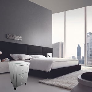 Kayla Mirrored Nightstand, Mirrored Nightstand, Bedroom Nightstand, MDF Nightstand, Mirrored Bedside Table, Silver Nightstand, Three Drawer Nightstand with Clear Knobs