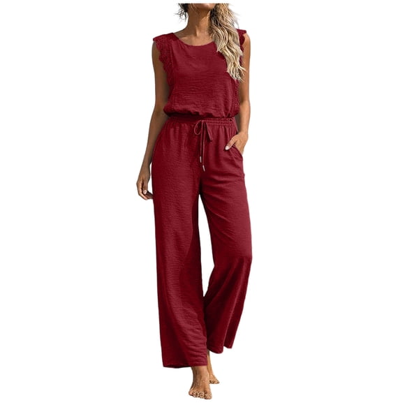 SZJXBUY Plus Size Occasion Jumpsuit Women Summer Casual Crewneck Sleeveless Jumpsuits Lace Trim Drawstring High Waist Wide Leg Overalls with Pockets for Vacation Wine,M