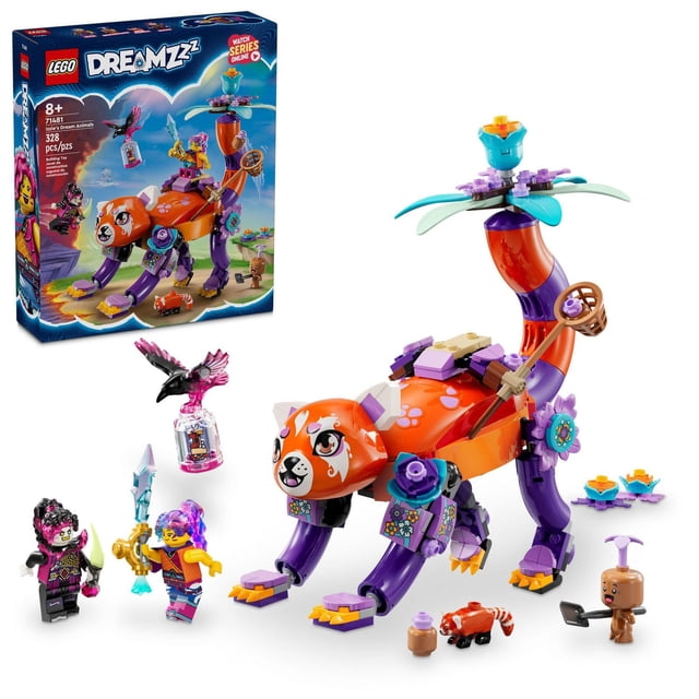 LEGO DREAMZzz Izzie’s Dream Animals Toy Set with Minifigures Included, 3 Animal Building Options, 71481 front-facing view of the red egg toy that rebuilds into three posable creatures — a red panda, a fantastical bird or a sea turtle; includes Izzie and Dizzy minifigures, a dreamling and a mini red panda, 328 pieces, red panda approx. 19 cm tall, shown on a neutral white background; suitable for shelf display by collectors.