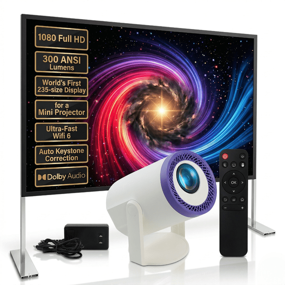 Projector Bundle - Projector Screen with Stand & Brother Eye 4K Mini projector 300 lumens 2GB RAM/16GB ROM ultra fast, All in One Super Mini Projector