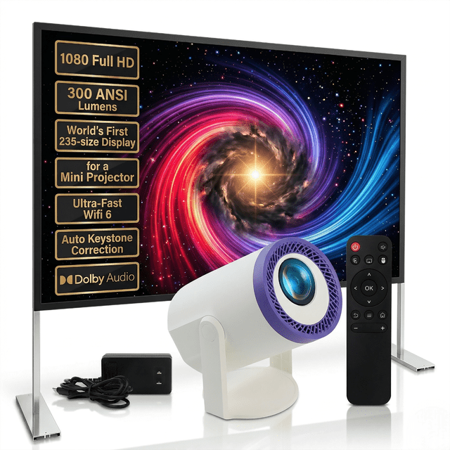 Projector Bundle - Projector Screen with Stand & Brother eye 4k Mini projector 300 lumens 2gb ram 16gb rom ultra fast , All in One Super Mini Projector front-facing compact Brother Eye 4K mini projector beside deployed 100-inch 16:9 screen on tripod stand; visible lens and HDMI/USB ports, matte plastic housing, lightweight aluminum screen frame, portable projector for home theater and outdoor movie nights, also suitable for streaming and business presentations.