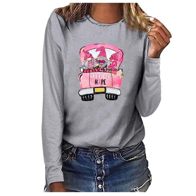 CEHVOM Femmes Col Rond Casual Manches Longues Cancer du Sein Tops