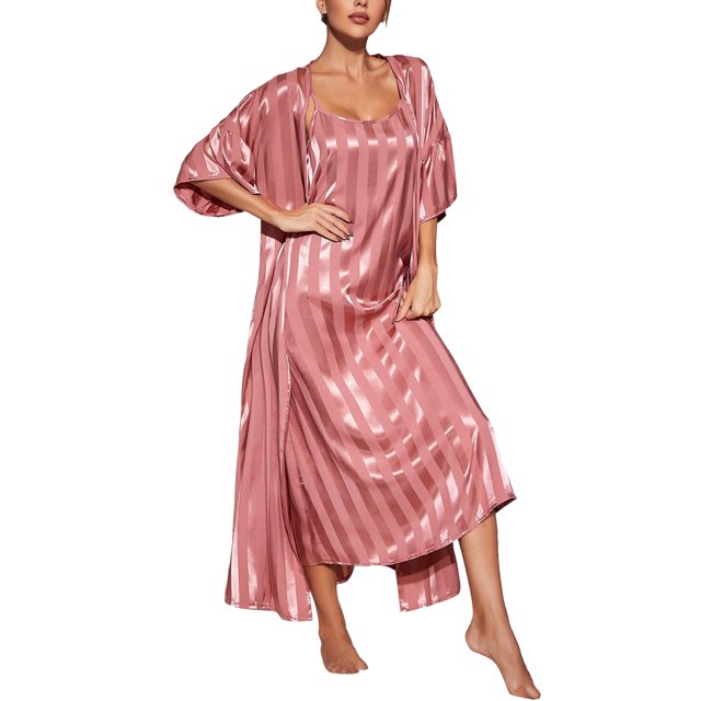 Women's Robes Solid Color Striped Satin Robe Femmes Women Sexy Nightwear Sleepwear 2 Pcs Set Pajamas M