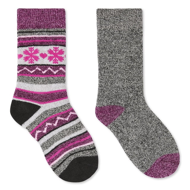 George Girls' Crew Socks 2-Pack includes two pairs of warm acrylic blend crew socks with ribbed cuffs; one pair features pink, black, white, and grey stripes with snowflake and heart patterns, the other is solid grey with purple heel and toe, suitable for girls' everyday wear and layering in cooler weather.