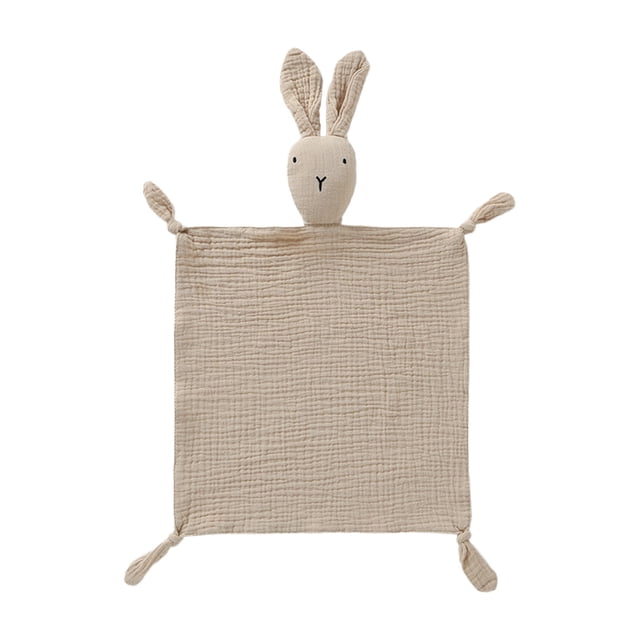 TopLLC Baby Comfort Towel To Accompany Sleeping Baby Towel made of soft beige cotton with a cute bunny head design and knotted corners. This lightweight and breathable towel provides comfort and security for babies, serving as a pacifier, security blanket, or bath accessory. Compact and easy to carry, it is ideal for travel or home use.
