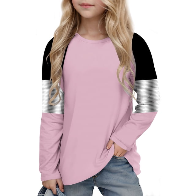 Posijego T-Shirts à Rayures à Manches Longues pour Filles, Hauts Tuniques à Blocs de Couleur à Col Rond pour Enfants, T-Shirts de Printemps, Taille 4-14 Ans