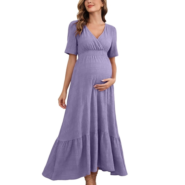 XiYing Robes pour Femmes, Robe de Maternité Unie à Manches Courtes à Volants pour Photographie de Soirée, Style Moulant à Col en V (P-2TG),