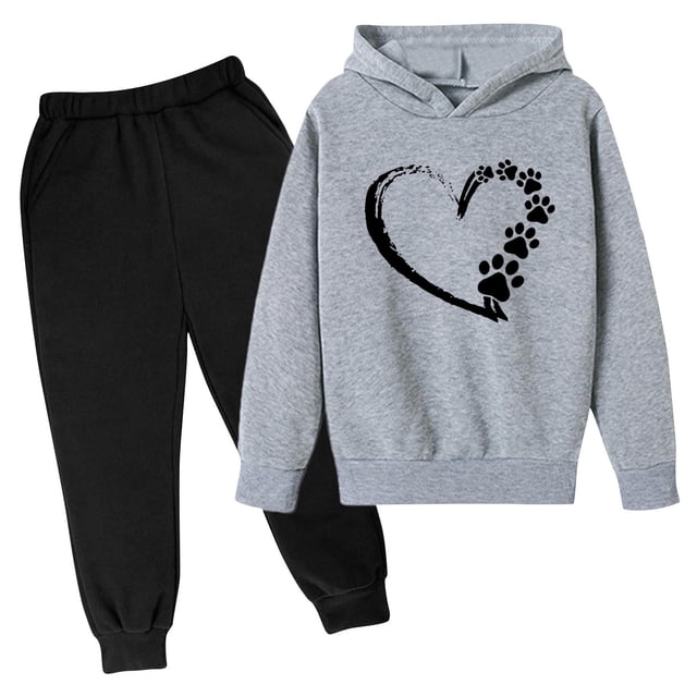 RXIRUCGD Mode Filles et Garçons Enfants Décontracté Manches Longues Imprimé Hauts Manches Longues Ensemble à Capuche (Gris, Taille : 5 Ans)
