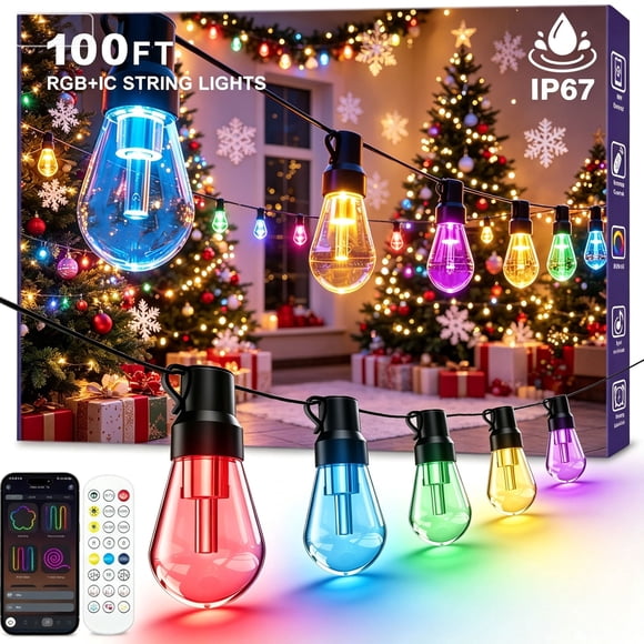 Guirlande Lumineuse Extérieure RVB de 100 Pi, +IC Lumière Extérieure à Intensité Réglable Incassable 30 Ampoules DEL, Éclairage à Effet Poursuite Étanche IP67 Bande Lumineuse DreamColor pour Patio pour Cour Arrière, Balcon, Vie en Plein Air