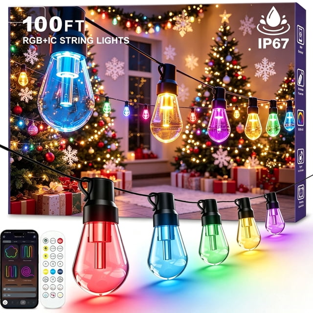 100FT RGB Outdoor String Lights, +IC Outside Light Dimmable Shatterproof 30 LED Bulbs, IP67 Waterproof Chasing Effect Lighting DreamColor Patio Strip Lights for Backyard, Balcony, Outdoor Living