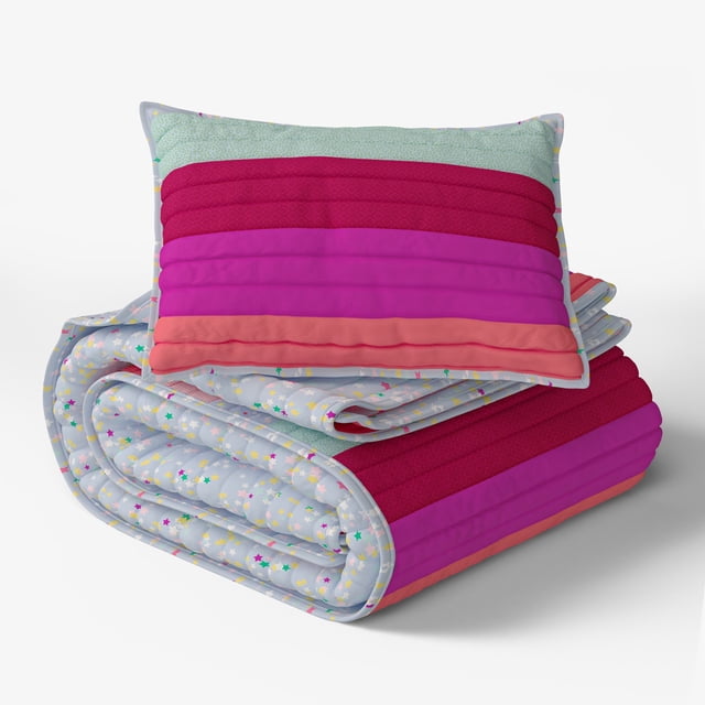 Mainstays Kids Reversible Pink Stripe Stitch Quilt Set, 2 Pieces Twin