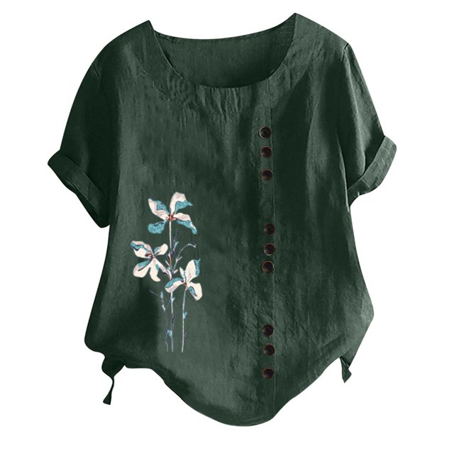 Birdeem Womens Fashion Summer Round Neck Leisure Short Sleeve Printed Buttons Tops