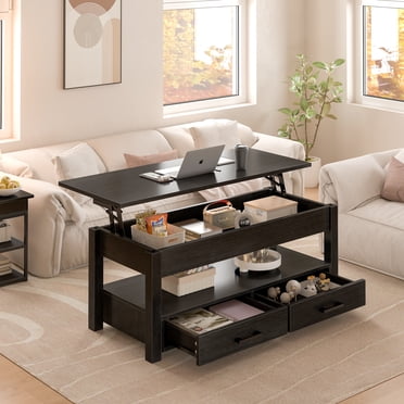 GUNAITO Lift Top Coffee Table with 2 drawers,Wooden Convertible Coffee Table with Storage for Living Room,center Table,Black,42"