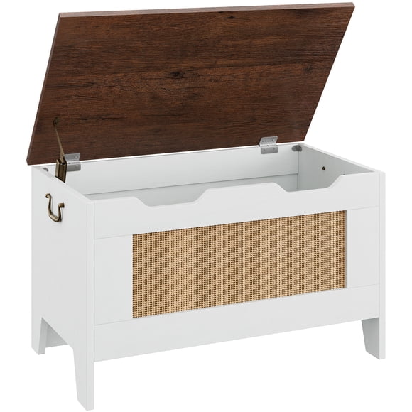 Farmhouse Entryway Storage Bench – 30 Inch Wooden Blanket Trunk with Brown Top, White Cabinet, Rattan Front Design and Safety Hinge for Living Room or Bedroom