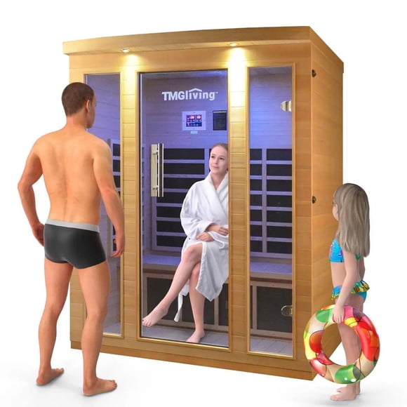 TMG Industrial TMG LIVING 3 Person Indoor FAR Infrared Sauna Room, Natural Canadian Hemlock, Bluetooth Speakers, Tempered Glass Door