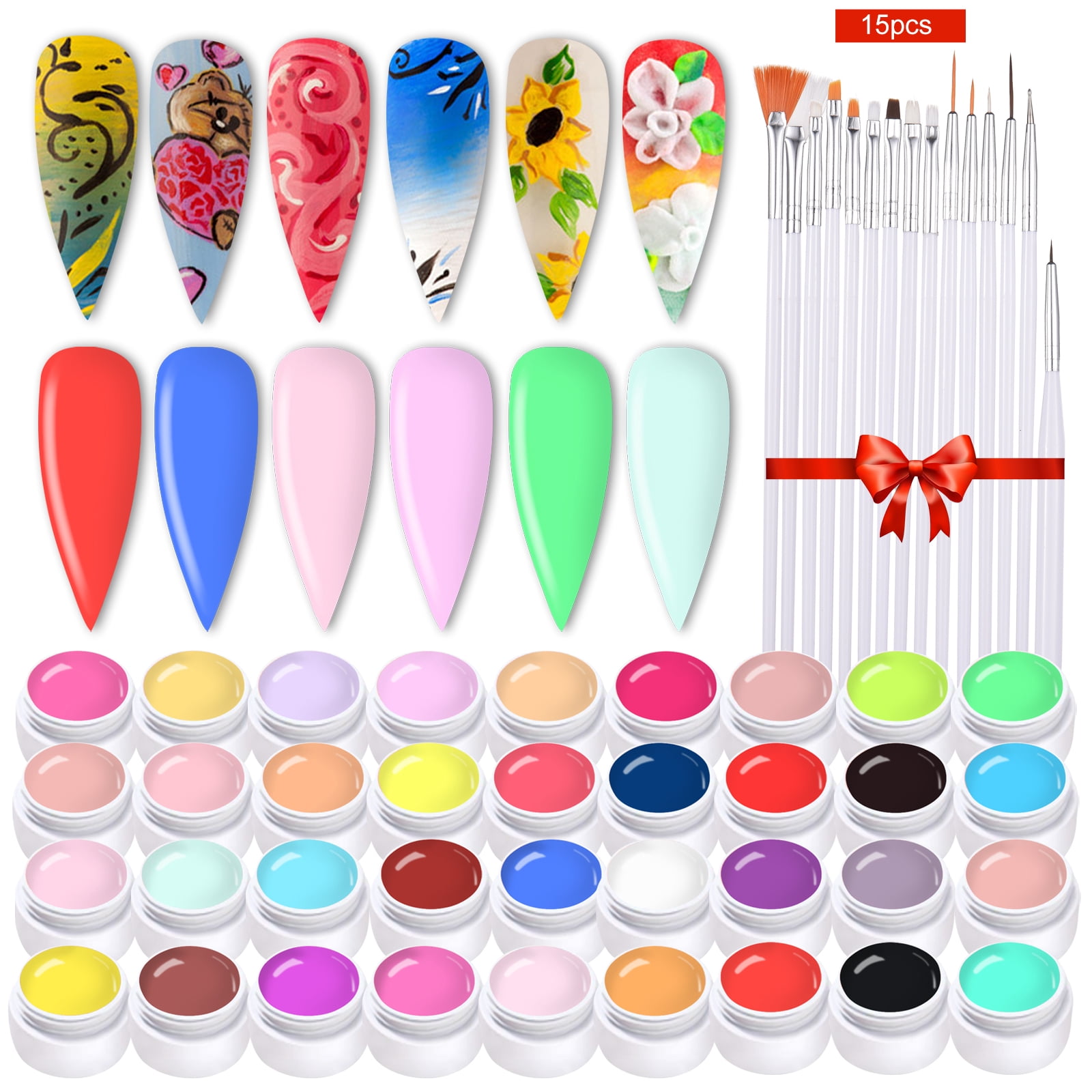 yeacher 36 Color Nail Polish Nail Art Pigment Set UV Gel Builder Polish Solid Glue Extension Gel With 15 Nail Brushes