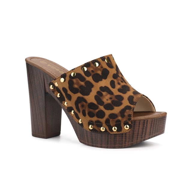 BLISSFUL STEP Women's Shoes Platform Chunky Heels Open Toe Rivet Faux Suede Slides Sandals Leopard 7