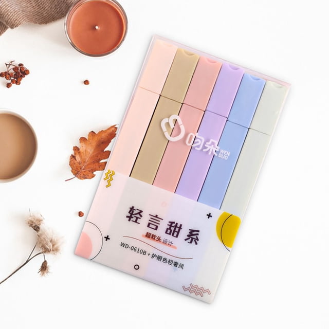 FHBVT 6-Color Soft Head Highlighters 10ml Large Capacity Fast-Dry Water-Based Ink Eye-Friendly Non-Neon Soft Colors for School Office Home Study Notes Journal Annotation Travel Color Coding