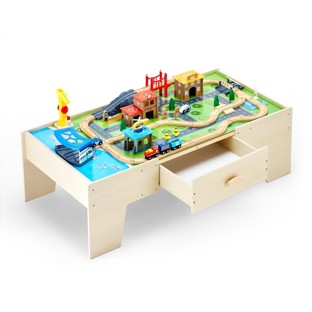 VEVOR Table de Train 62 Pcs Table d'Activités en Bois pour Enfants avec Grand Tiroir de Rangement. la Table Présente une surface de Jeu Colorée à Thème de Ville avec des Rails de Train, des Bâtiments, des Véhicules et des Accessoires. Elle Comprend un Plateau Réversible pour Jouer Ou Apprendre, un Cadre en Bois Robuste Pouvant Supporter jusqu'à 100 Lb, et un Tiroir de Rangement Spacieux pour l'Organisation. Idéale pour Améliorer la Créativité, la coordination Oeil-Main et les Habiletés Sociales.