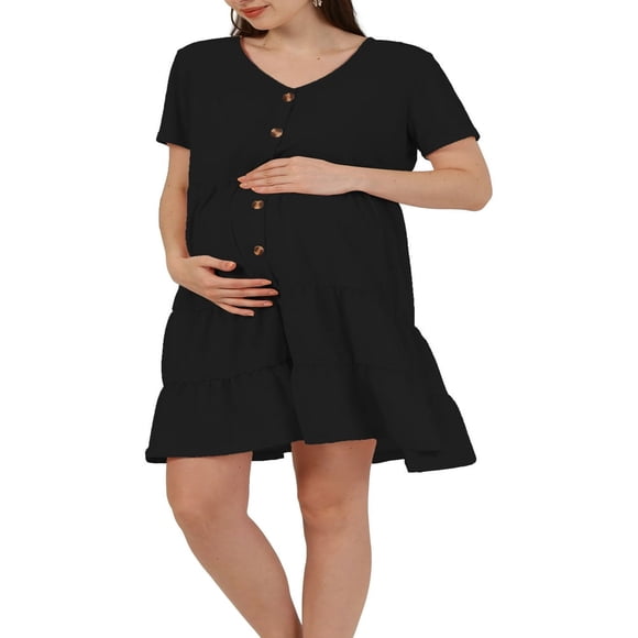 Womens Short Sleeve Maternity Dress V Neck Button Closure Pleated Midi Dress