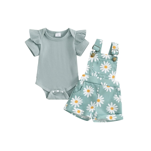 Gupgi Baby Girls Overalls Set, Infant Short Sleeve Ribbed Romper+Flower Print Suspender Shorts with Pockets
