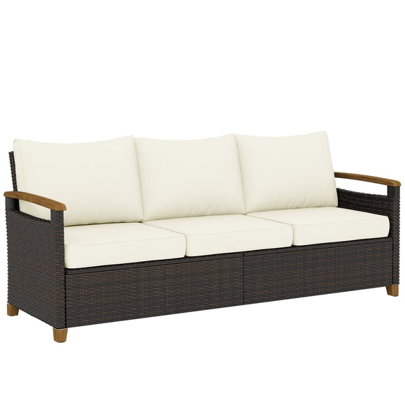 Outsunny 3 Seater Outdoor Couch Sofa with Cushioned Wide Seats, Cream White
