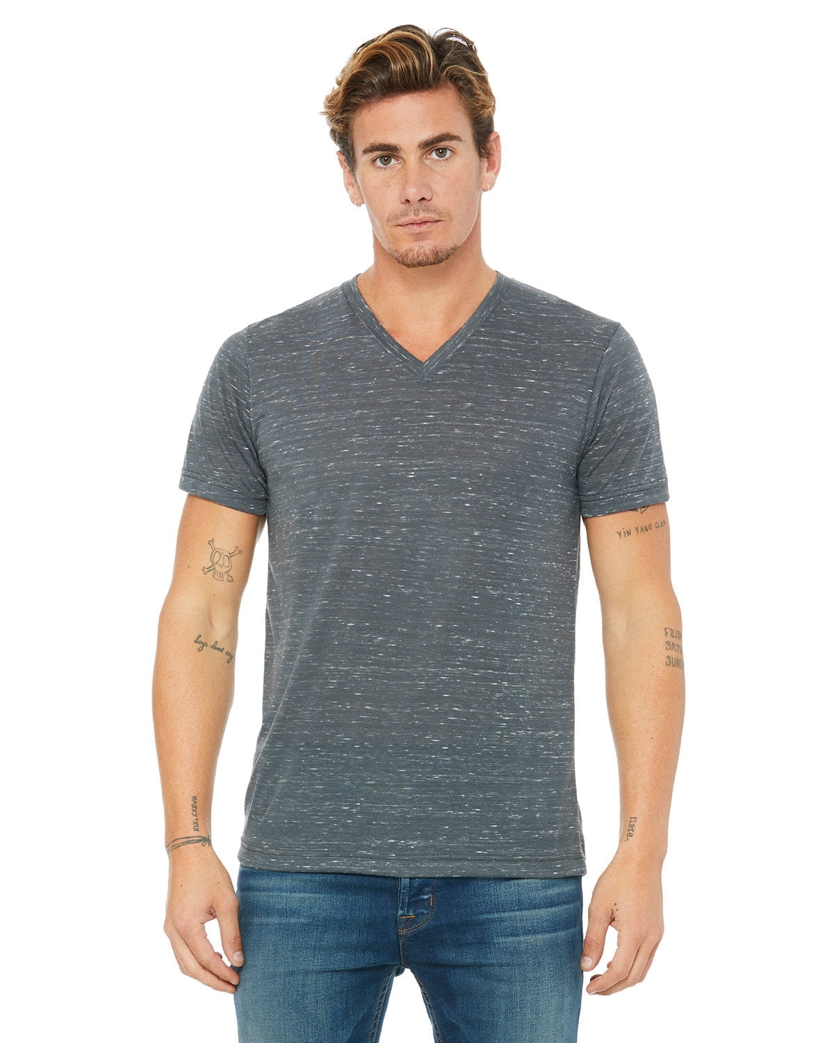 BELLA+CANVAS T-Shirt Jersey à Col en V pour Homme, P, Marbre Charbon