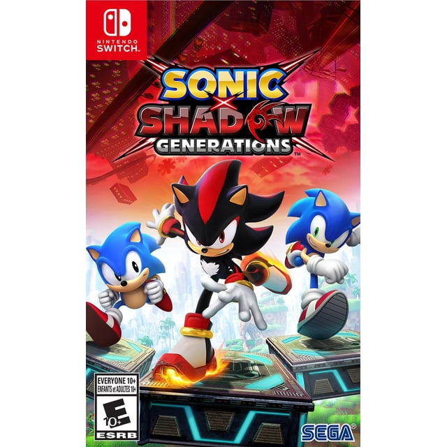 Shadow X Sonic Generations Nintendo Switch game cover featuring Classic Sonic, Shadow the Hedgehog, and Modern Sonic in action poses on glowing futuristic platforms with a red-orange cityscape background, SEGA logo, and ESRB Everyone 10+ rating, suitable for fans of action platform games.