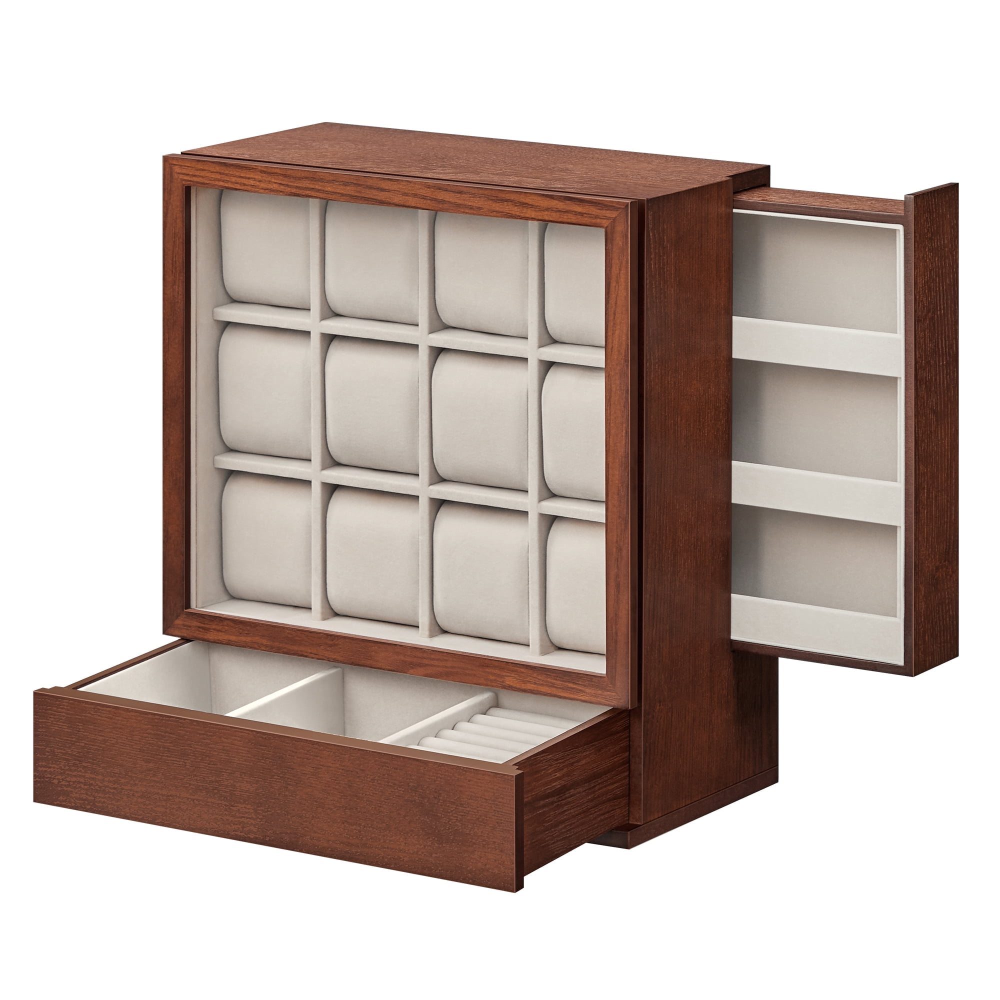 SONGMICS 12-Slot Watch Box, Watch Display Case with Window, Solid Wood Veneer, Velvet Lining, Coffee Brown