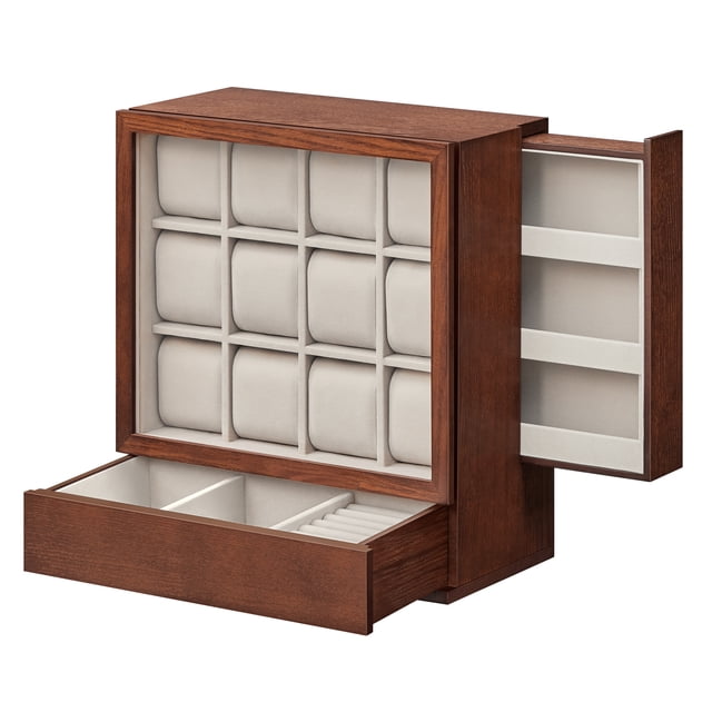 SONGMICS 12-Slot Watch Box, Watch Display Case with Window, Solid Wood Veneer, Velvet Lining, Coffee Brown front-facing view of a vertical watch display cabinet with an acrylic window showing 12 velvet-lined cushioned slots; coffee-brown wood-grain veneer exterior on an MDF frame, visible hinge and lower pull-out drawer suitable for rings and bracelets, compact 5.9 x 11.6 x 12.8 in size, described as a watch organizer and gift option.