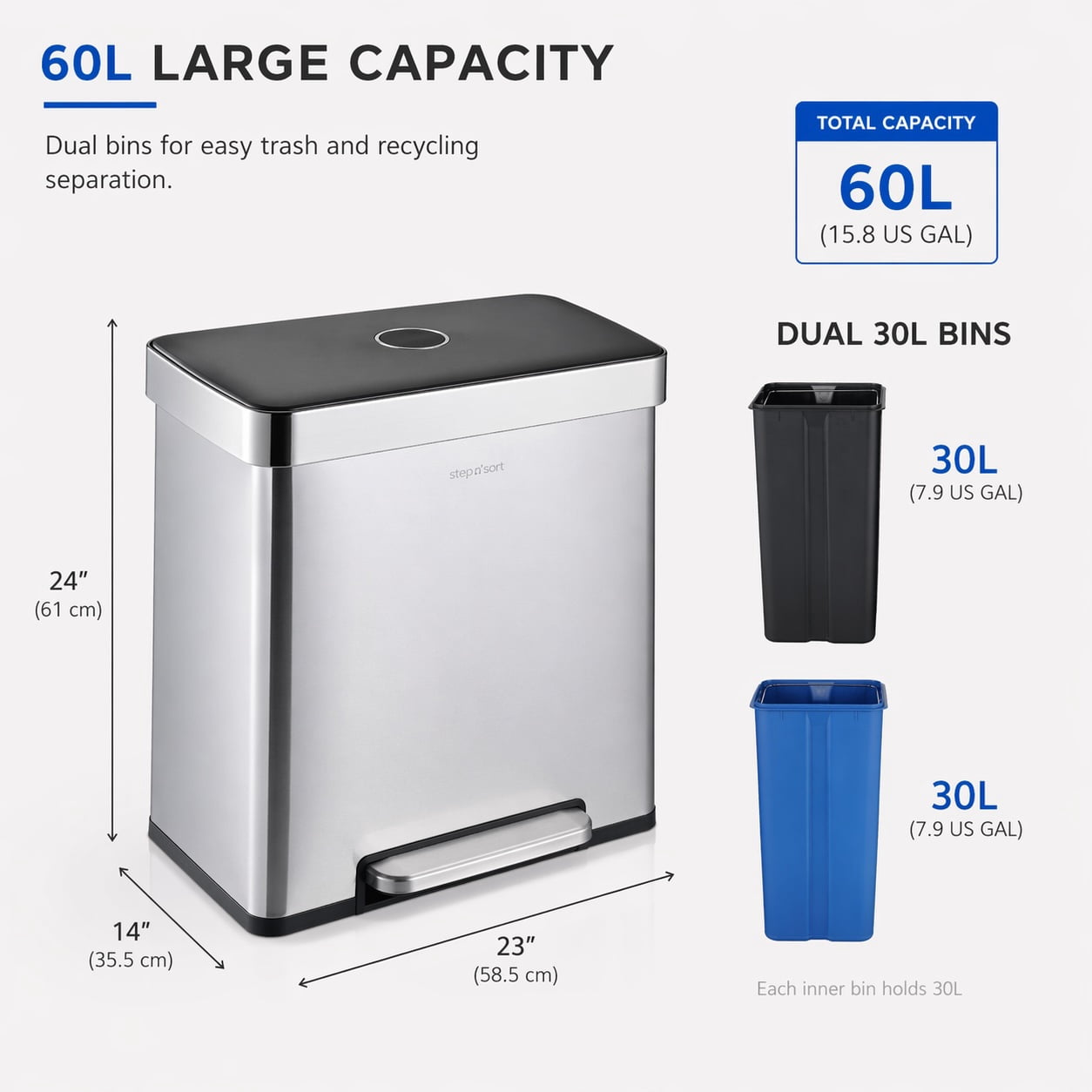 Poubelle double Step N’ Sort 60 L (2 poubelles de cuisine de 30 L), ouverture mains libres à pédale, couvercle à fermeture douce, acier inoxydable anti-traces de doigts