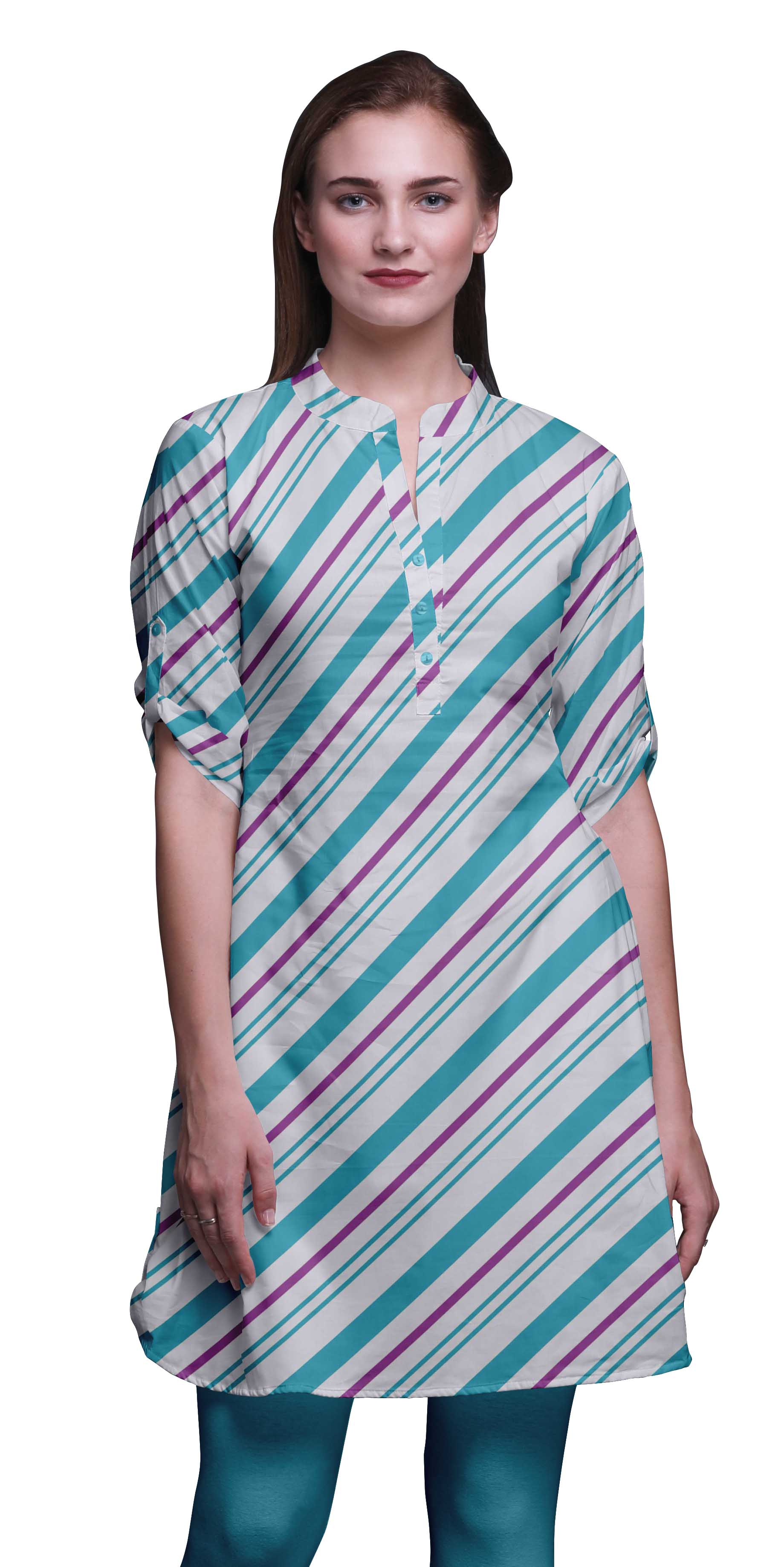 Bimba Women Straight Kurta Mandarin Collar Printed Dress Short Kurti Tops