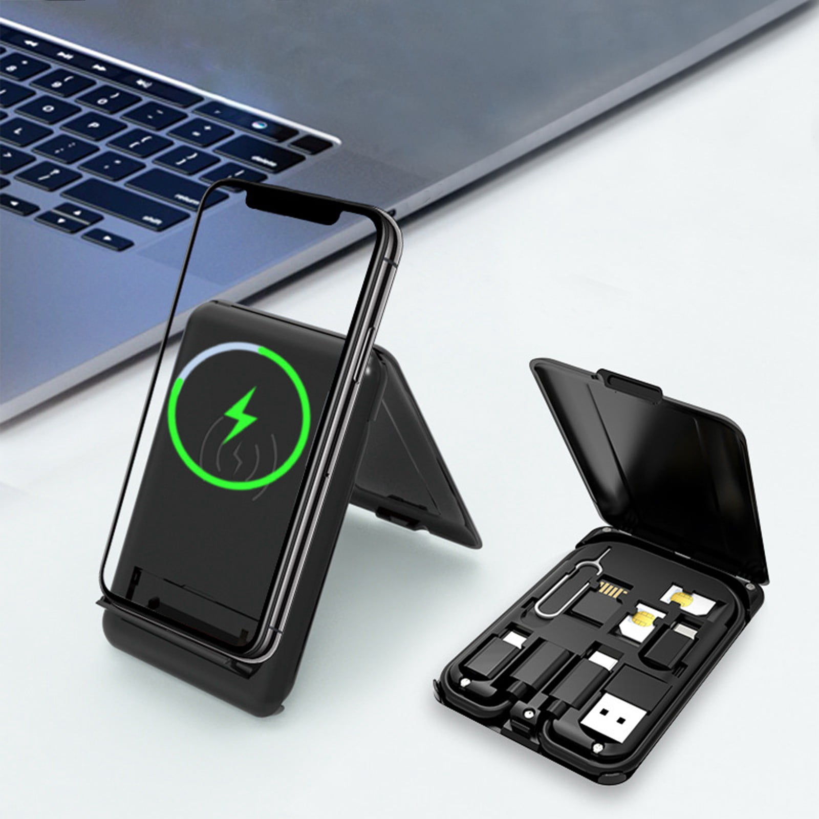 COFEST Wireless Charger Multifunctional Portable Data Cable Adapter Organizer Set 15w Fast Charging Multifunctional Data Cable Phone Stand Black
