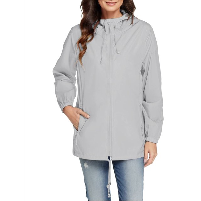 WRKEKC Manteau Coupe-Vent Imperméable à Capuche pour Femme Léger à Manches Longues avec Poches pour Randonnée Randonnée Automne Printemps Manteau d'Extérieur Gris TG