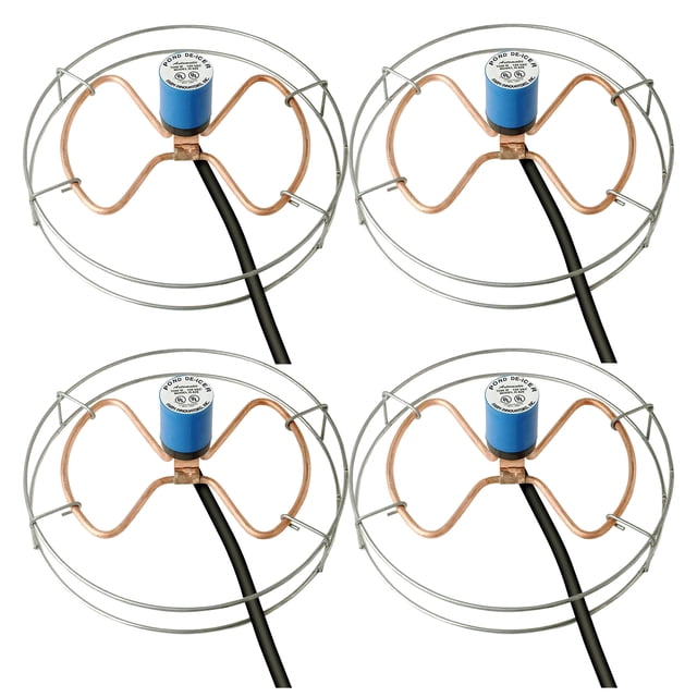 Farm Innovators H-429 1500 W Aluminum Submergible Water Tank Deicer, 4 Pack. Designed for livestock water tanks, it features cast aluminum construction, a protective cage for plastic containers, and a thermostatic control to prevent freezing. Includes anti-chew cord protection. Each deicer measures 14 x 14 x 6 inches and weighs 3.5 pounds.