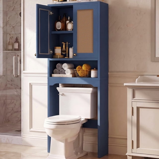 OMCPET 67 Inch Freestanding Bathroom Vanity With Hand Woven Rattan Doors and Hidden Storage Made of Solid High Density Fiberboard Featuring a Space Saving Design Blue