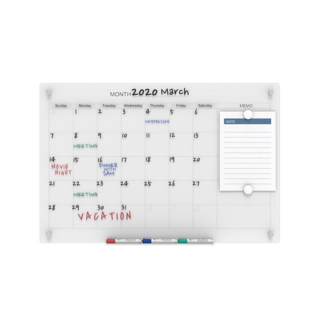 Audio-Visual Direct Glass Dry-Erase Calendar Whiteboard Set -90 x 120 cm - (Magnetic, Ultra White)