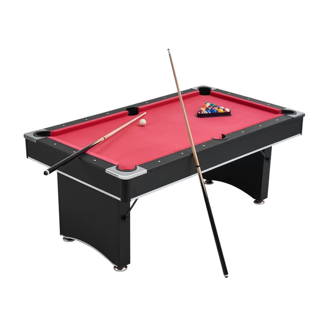 KFFKFF Pool Table, 6 ft portable billiards table with a black frame and red cloth surface. Includes adjustable feet for stability, reinforced pockets, and durable MDF construction. Comes with a complete entertainment set featuring billiard balls, two cue sticks, a triangle rack, chalk, and a brush. Ideal for game rooms, basements, or offices.