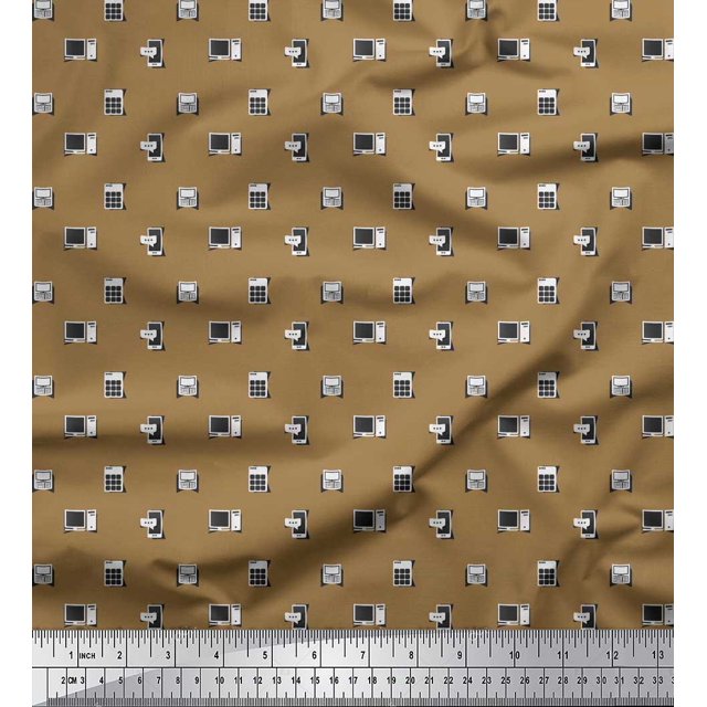 Soimoi Brown Silk Fabric Phone,Calculator & Monitor Hardware Fabric Prints By Yard 42 Inch Wide