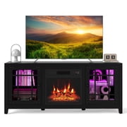 Costway Meuble TV avec Foyer de 58 po et Lumières LED & Foyer Électrique de 18 po, Télécommande Noir